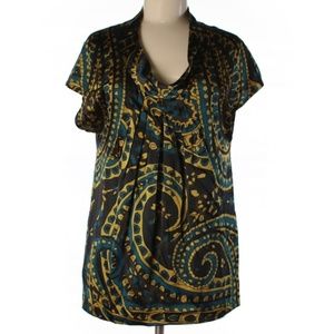 DKNY Paisley Silk Cowl Neck Short Sleeve Blouse